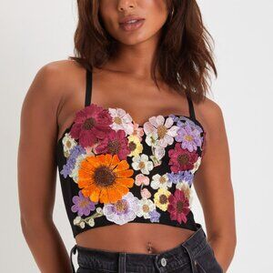 Lulus Flirty Icon Black 3d Floral Embroidered Bustier Tank Top - Size XXS